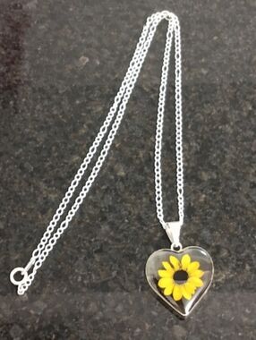 Silver Heart Sunflower Pendant Necklace